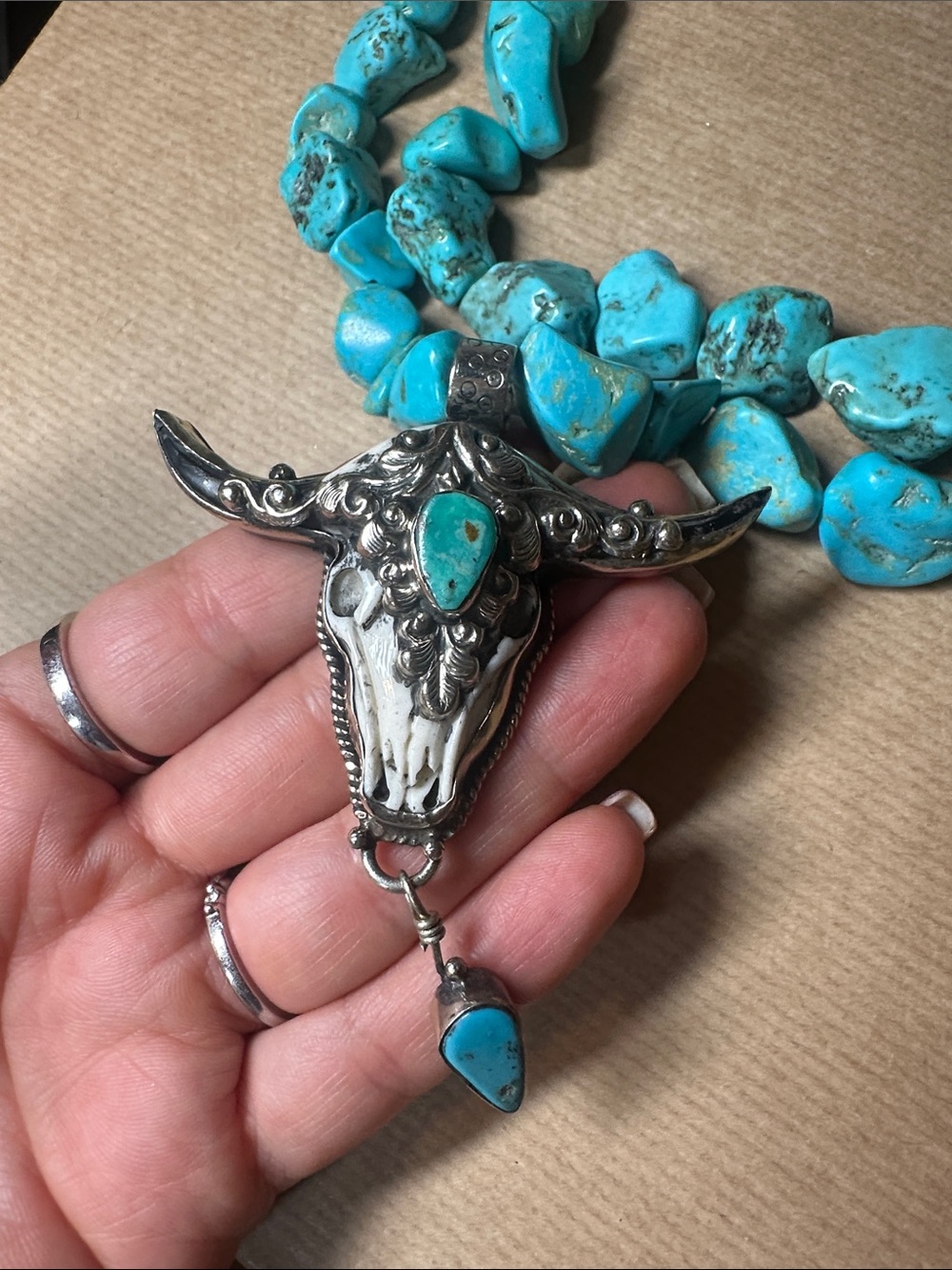 Turquoise Stone Double-Strand Necklace with Bull bone Skull Pendant - Picture 2 of 4